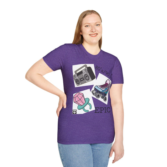 Retro 80's/90's EPIC Unisex Softstyle T-Shirt - Vintage Roller Skates & Boombox Design