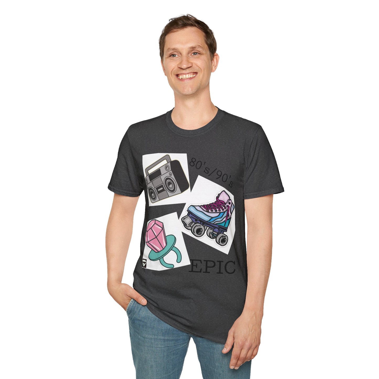 Retro 80's/90's EPIC Unisex Softstyle T-Shirt - Vintage Roller Skates & Boombox Design