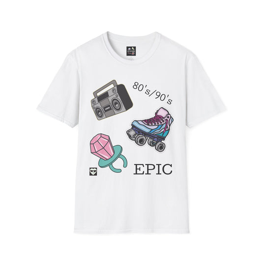 Retro 80's/90's EPIC Unisex Softstyle T-Shirt - Vintage Roller Skates & Boombox Design